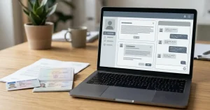 Person reviewing identity documents beside a customer support chat window on a laptop