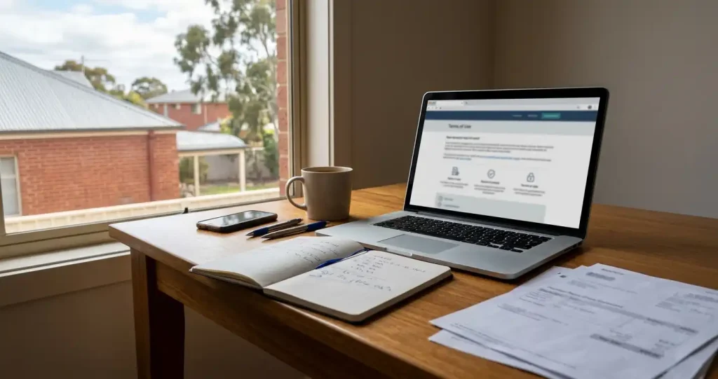 Australian consumer reviewing online gambling rules on a laptop beside a notebook