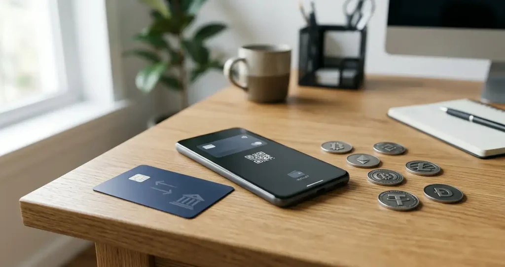 Phone beside a bank card, bank transfer symbol and cryptocurrency icons