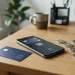 Phone beside a bank card, bank transfer symbol and cryptocurrency icons
