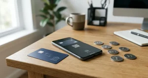 Phone beside a bank card, bank transfer symbol and cryptocurrency icons