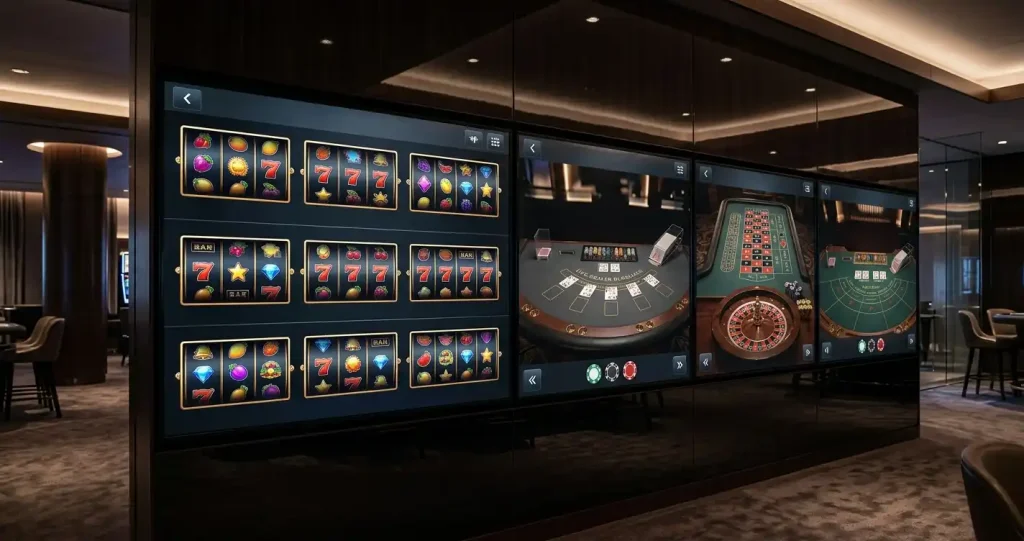 Casino lobby scene with slot reels and live dealer tables on digital screens