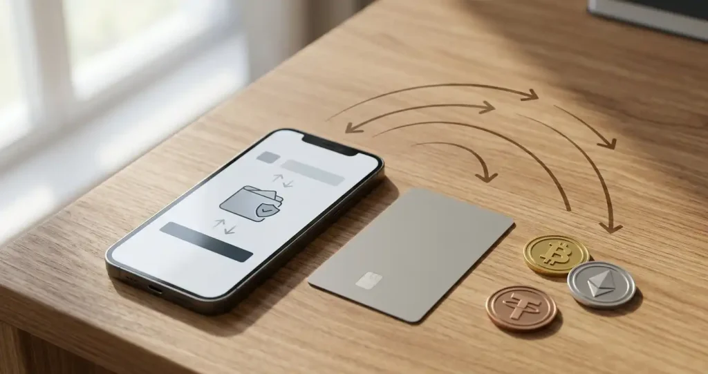 Phone beside a bank card, transfer symbol, digital wallet and cryptocurrency icons